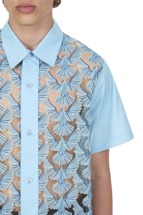 UNITY DOVES SKY BLUE TULLE SHORT SLEEVE BUTTON SHIRT