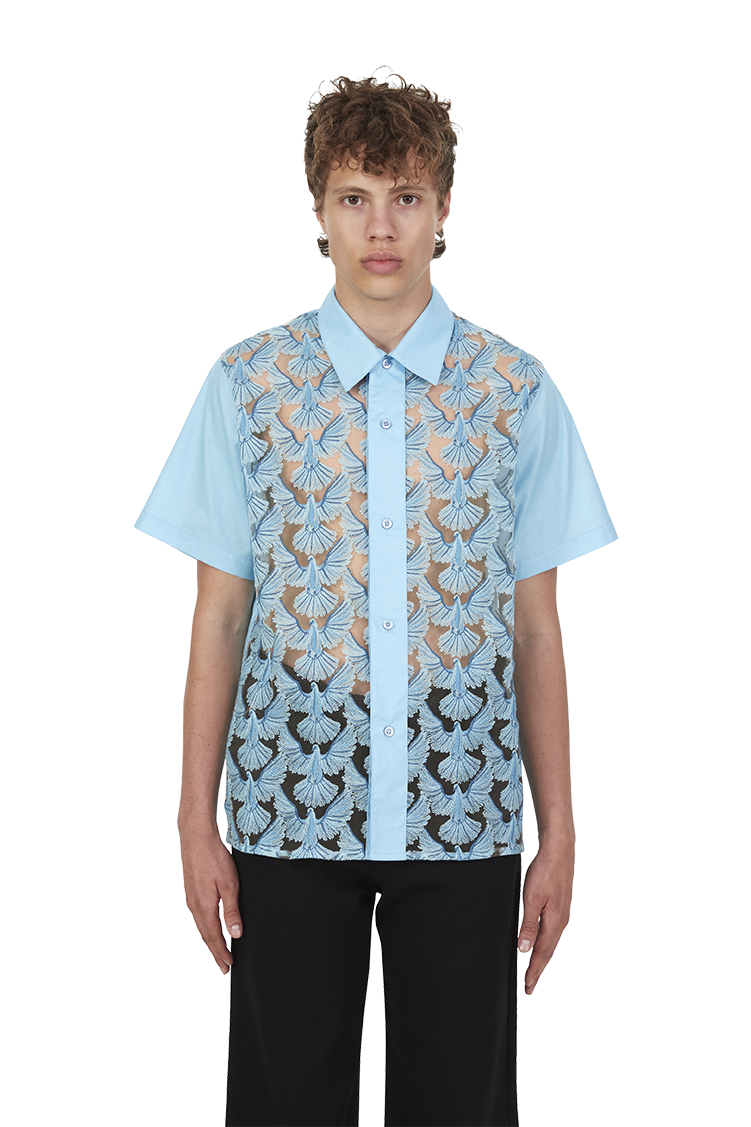 UNITY DOVES SKY BLUE TULLE SHORT SLEEVE BUTTON SHIRT