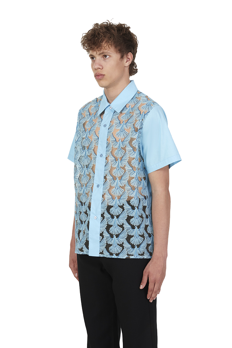 UNITY DOVES SKY BLUE TULLE SHORT SLEEVE BUTTON SHIRT