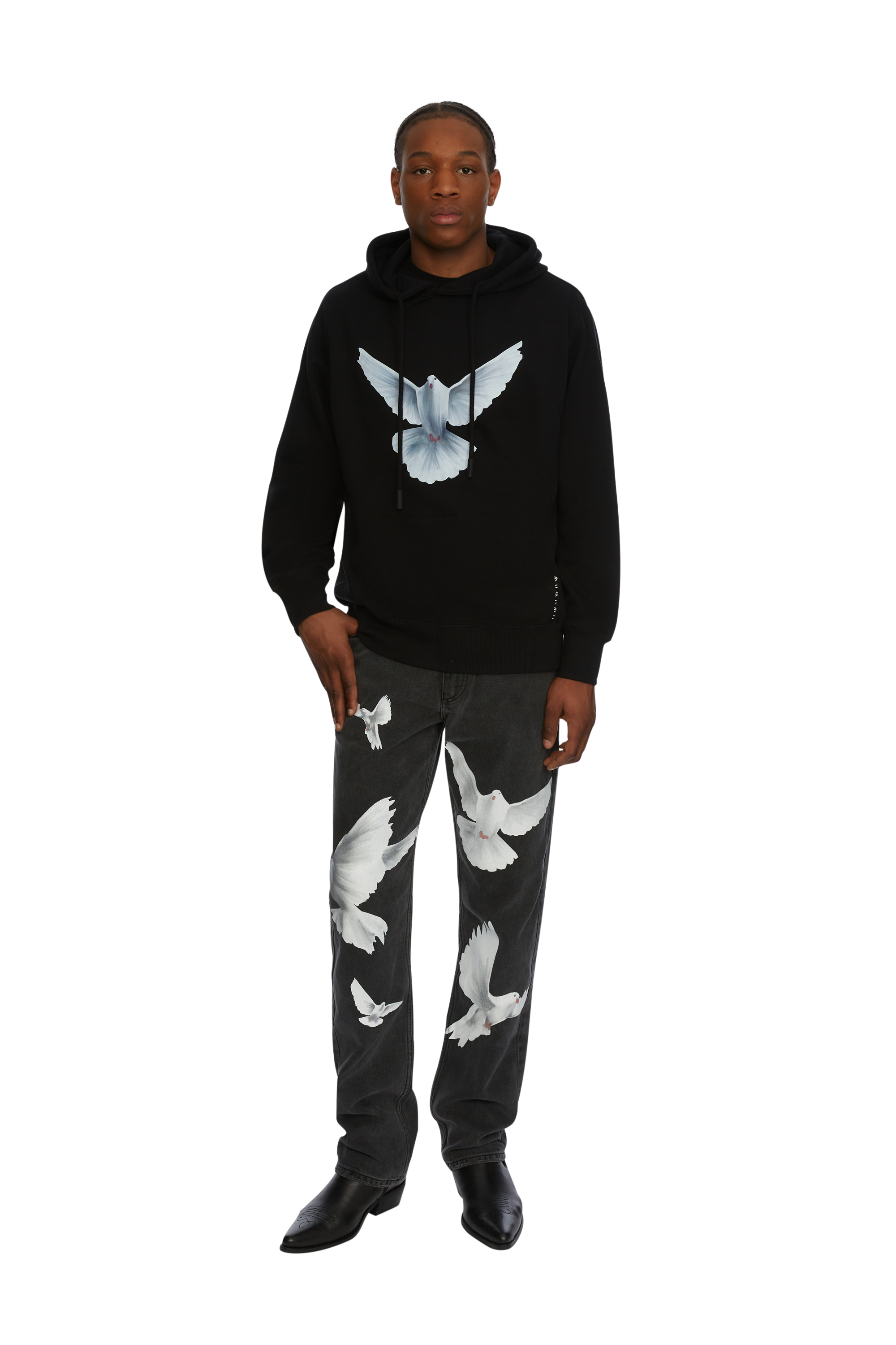 FLYING DOVES BLACK HOODED SWEATER